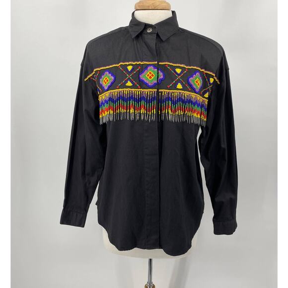 Vintage Western Shirt Cotton Button Down Front Beaded Fringe Black Womens Medium - Picture 2 of 11